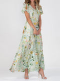 V Neck Short Sleeve Floral Ruffle Maxi Dress