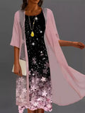 Floral Printed Three Quarter Sleeve Round Neck Two Piece Midi Dress