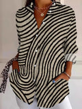 Abstract Stripes Shirt Collar Long Sleeve Buttoned Regular Loose Shirt