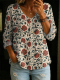 Women's Retro Floral Pattern Art Print Casual Cotton Shirt