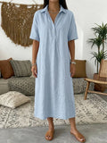 Solid Color Short Sleeve Cotton Linen Casual Maxi Dress