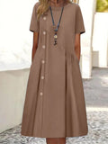 Casual Plain Loose Crew Neck Short Sleeve Button Linen Dress