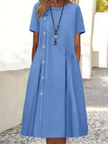 Casual Plain Loose Crew Neck Short Sleeve Button Linen Dress