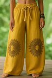 Bohemian Yellow Floral Embroidered Wide Leg Pants