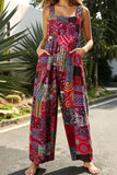 Women's Casual Patchwork Dual Pocket Loose Red Floral Print Bohemian Jumpsuit