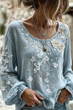Crew Neck Long Sleeve Floral Regular Micro-Elasticity Loose Blouse For Women