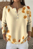 Women Casual Vintage Maple Leaf Henley Collar Long Sleeve  Sweater