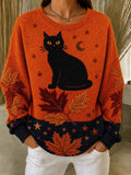 Women Casual Cat Crew Neck Long Sleeve Sweater
