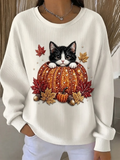 Women Casual Cat Maple Leaf Crew Neck Loose Sweatshirt