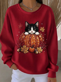 Women Casual Cat Maple Leaf Crew Neck Loose Sweatshirt