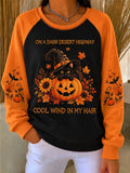 Women Casual Color Block Halloween Pumpkin Crew Neck Long Sleeve Sweatshirt