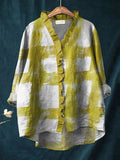 Women's Brushstroke Print Casual Cotton And Linen Ruffle Shirt