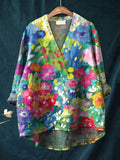 Women's Vintage Lovely Floral Art Print Casual Cotton And Linen V-neck Shirt