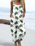 Wome's Holiday Style Green Turtle  Pattern Print Casual Cotton Wide Leg Jumpsuit