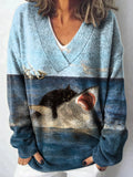Funny Cat Bite Shark Art Print Knit V-neck Pullover Sweater