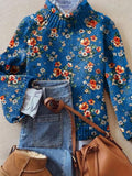 Women's Vintage Lovely Floral Art Print Knit Turtleneck Pullover Sweater