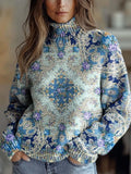 Women's Vintage Lovely Floral Art Print Knit Turtleneck Pullover Sweater RM017