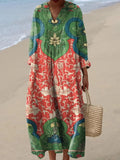 Women's Vintage Lovely Floral Art Print Cotton Linen Dress
