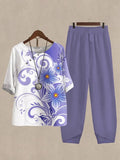 Women's Floral Butterfly Print Half Sleeve Top And Casual Pants Linen Two Pieces